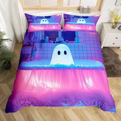 Cute Halloween Ghost Duvet Cover Full Queen Size Whimsigoth Bathroom Decor Comforter Cover Funny Ghosts Of Halloween Bedding Set