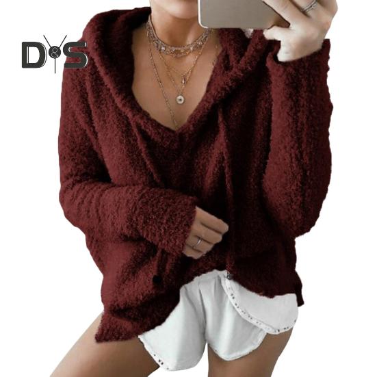 

Осень-зима Женская толстовка с капюшоном на шнурке, толстая, пушистая, с длинными рукавами, однотонная, свободная, сохраняющая тепло, пуловер, повседневная одежда, спортивный топ XXXL вино красного