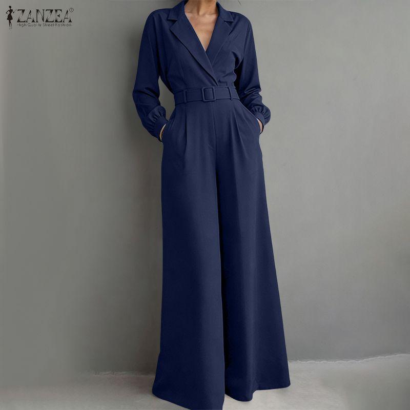 ZANZEA Tute Casual da Donna con Collo a Revers, Maniche Lunghe, Vestibilità Larga, Gamba Larga