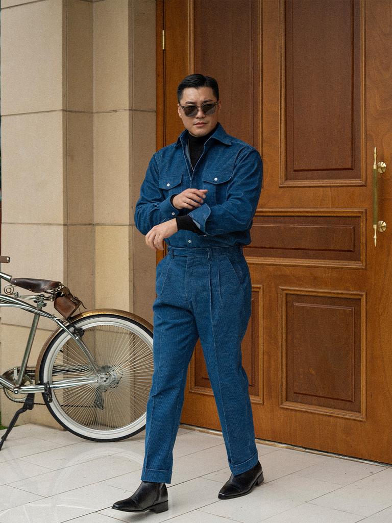 Olkeullaesig Alcpt016 Two-Pleats Denim Corduroy Pants_L.Blue