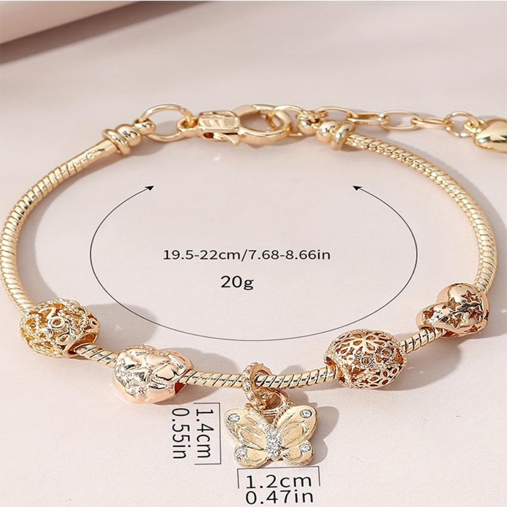 Adjustable Beaded Alloy Heart Butterfly Charm Copper Bracelet with Sticky Diamonds
