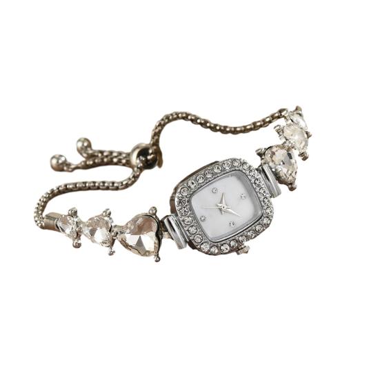 Women Rhinestone Bracelet Watch Small Square Dial Analog Quartz Wrist Watch Love Heart Chain Ladies Dress Watch with Adjustable