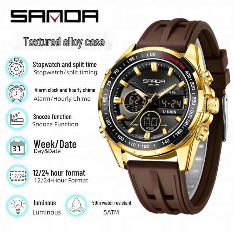 Sanda Men's Waterproof Dual Display Multi-Function Watch with Timer, Snooze, and Night Light.