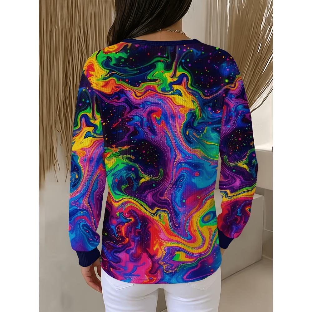 Women's Plus Size Sweatshirt with Colorful Starry Sky Fluid Print