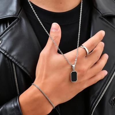 3pcs/set Waterproof Trendy Men's Necklace Set,Stainless Steel Enamel Square Pendant,Birthday Father Gift for Him