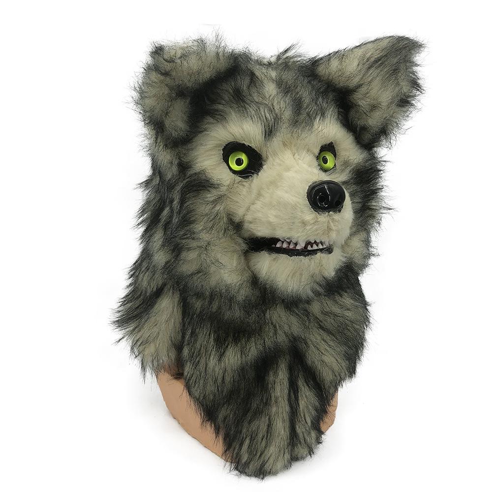 Halloween movable mouth gray wolf head mask, white fur fox mask, plush animal black cow mask for party performances