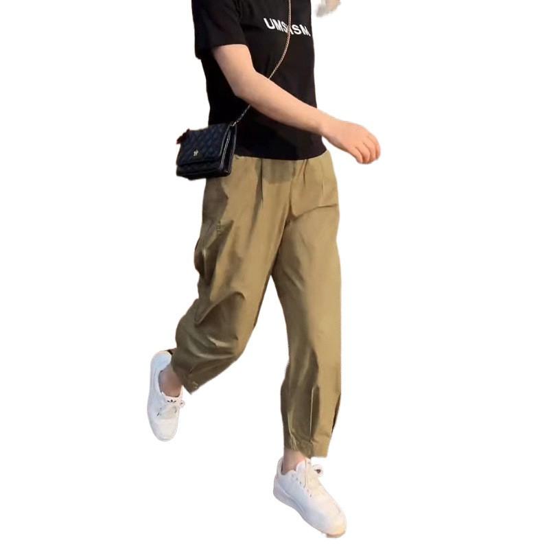 Womens High-Waisted Loose Fit Cargo Pants 9/10 Length Cotton Blend Casual Trousers Office Daily Wear