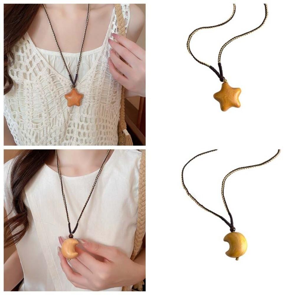 Y2K Accessories Wooden Star Moon Necklace Bohemian Style Couple Friends Choker  Girls