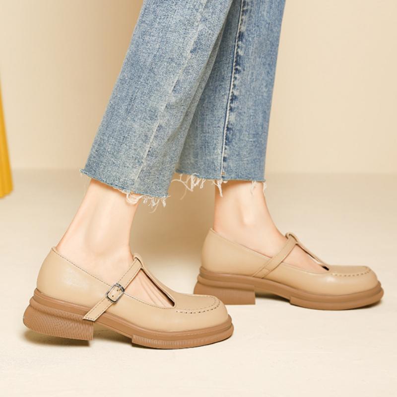 Zapatos Casuales de Cuero de Boca Baja y Tacón Medio con Suela Gruesa para Mujer