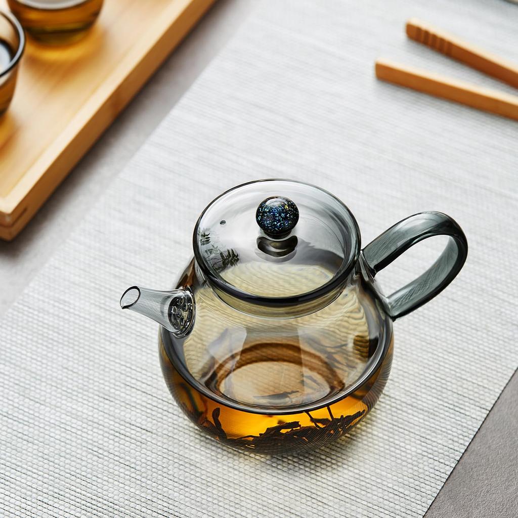 Pokaro Tea Heat-Resistant Glass Teapot, 370ml, Ink-Colored Design, Integrated Spout with Filter, Compact and Stylish Glass Teapot for Craft Tea,
