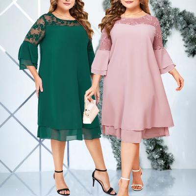 Plus Size Elegant Embroidered Mesh Patchwork Chiffon Dress Women Spring Summer O-Neck Flared Sleeve Layered Midi Dresses