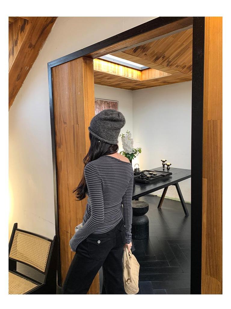 Chic Spicy Girl Striped One-Shoulder Slim Long-Sleeve Top – Women's Autumn/Winter Korean Style