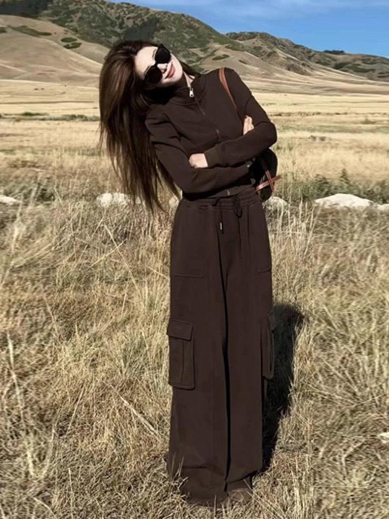 Women's Retro Sportswear Set: Spring Slim Fit Hoodie & Wide Leg Pants Two-Piece Running Outfit