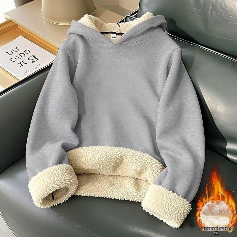 Men's Velvet-Lined Lambswool Hoodie - Loose Fit, Solid Color, Warm Winter Jacket