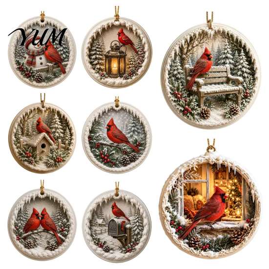 Acrylic Red Bird Pendant Christmas Ornament, Snow Scene Pattern Xmas Tree Pendants Hanging Decor, Retro Round for Winter Holiday Party Festive Decor