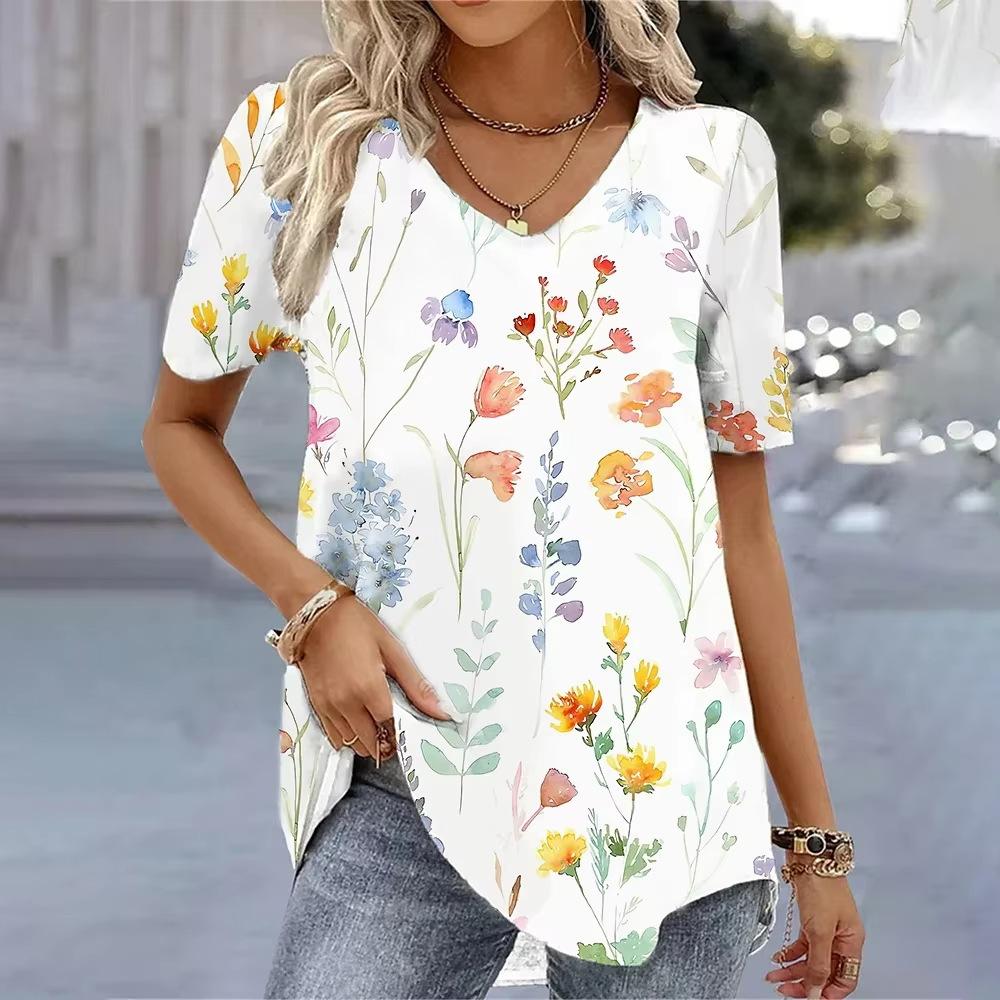 Casual Versatile Plant Pattern Short Sleeve V-Neck T-Shirts Women’s