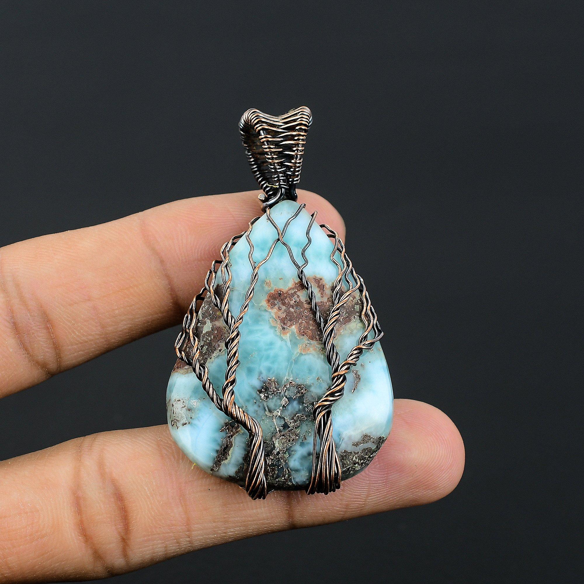 

Tree Of Life Larimar Pendant Gemstone Jewelry, 999 Copper Wire Wrapped Pendant, Handmade Jewelry Birthstone Pendant, Gift For Him
