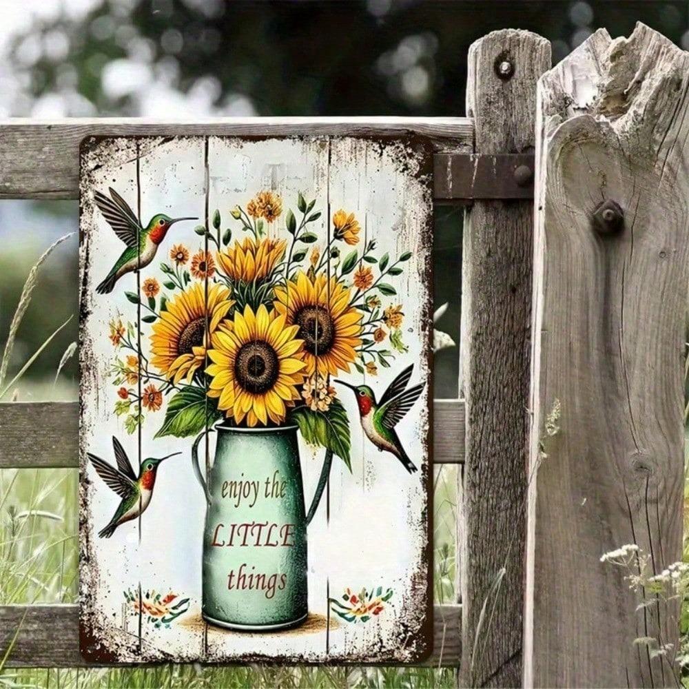 1PC Sunflower Hummingbird Metal Tin Sign, Rustic Farmhouse Wall Decor With Quote Enjoy The Little Things