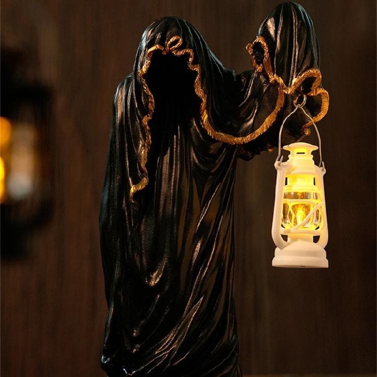 Halloween Wizard Holding Lanterns Sculpture with Intricate Carving Weather Resistant Resins Ornament For Mystical Displays