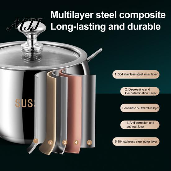 Refillable Condiment Jars 304 Stainless Steel Spice Jar Set, Seasoning Container with Glass Lid & Spoon, Rustproof Kitchen Salt Sugar