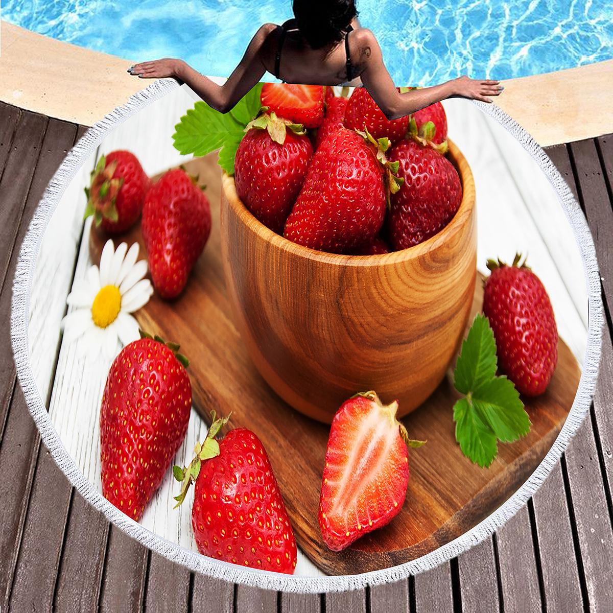 Serviette de plage ronde fraise douce, Couverture de plage absorbante sans sable Séchage rapide Cercle Serviette de bain Tapis de yoga Plaid Tapisserie à franges 60x60cm (23x23 in)&1pc