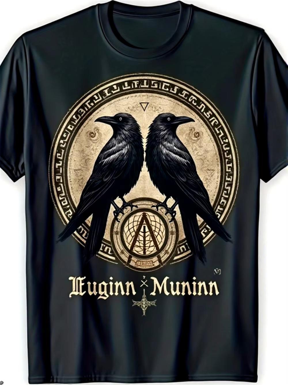 

Viking Raven Logo Design Huginn & Muninn Casual Short-Sleeved Crew Neck T-Shirt Suitable for Gym Beach Black Short Sleeve - M... 5XL різнокольоровий