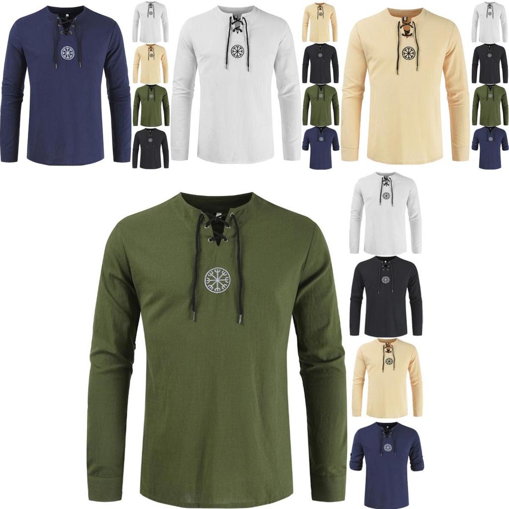 Stylish Medieval Men's Long Sleeve Lace Up Solid Color Retro Cosplay Costume T-shirt