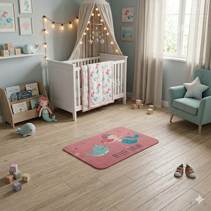 Tapis décoratif - EDEN - Petite Sirène et Narval - 75 x 45 cm - Polyester doux - Couleurs pastel