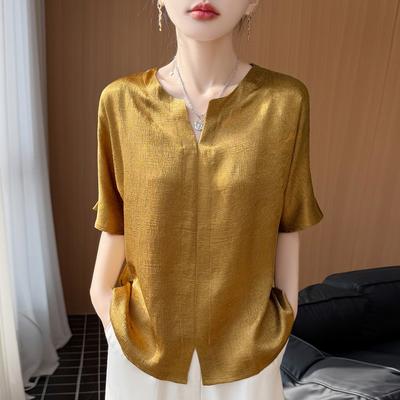 Summer New Style V-neck Five-quarter Sleeve T-shirt for Young Mothers, Short-sleeved Top for Women