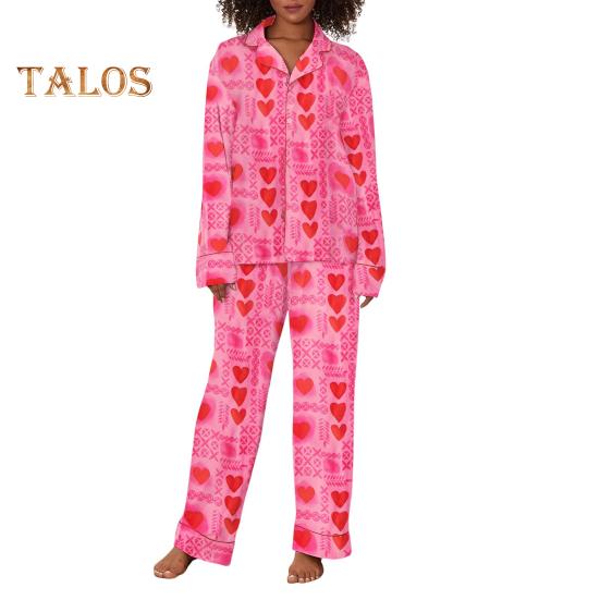 2-teiliges Set mit Schlafanzug für den Valentinstag, Revers mit Schleife und Knopfleiste, Langarmhemd, elastische Taille, Hose mit weitem Bein, Homewear, lässiges Outfit, Frühlingsnachtwäsche