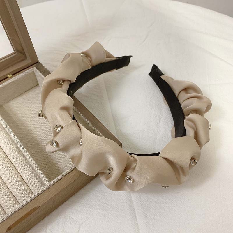 Koreanischer Schlichter Schwarzer Plissierter Haarreifen Stirnband für Damen Glänzender Strass Breites Haarband Kopfschmuck Haarschmuck