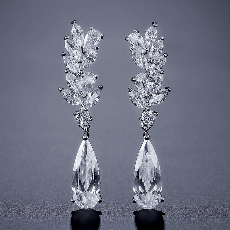 ZAKOL White Zircon Leaf Dangle Earrings for Women Shinny Water Drop Crystal Flower Pendant Earring Bridal Wedding Zircon