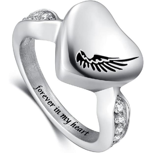 Angel Wing Ring for Ashes for Women Cremation Rings for Ashes Heart Urn Rings Stainless Steel Finger Ring (9) 10