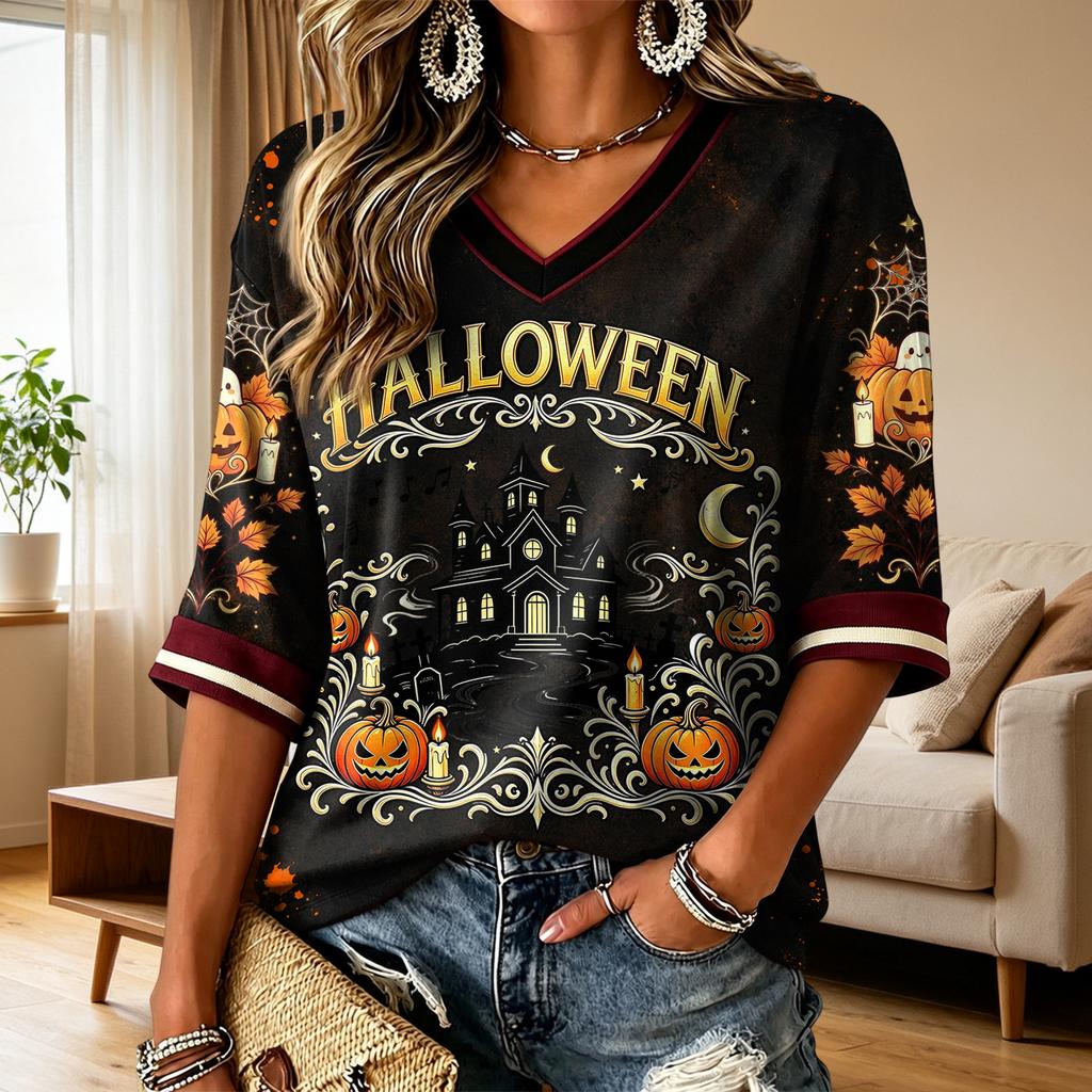 Women's Casual Halloween Printed V-Neck T-Shirt