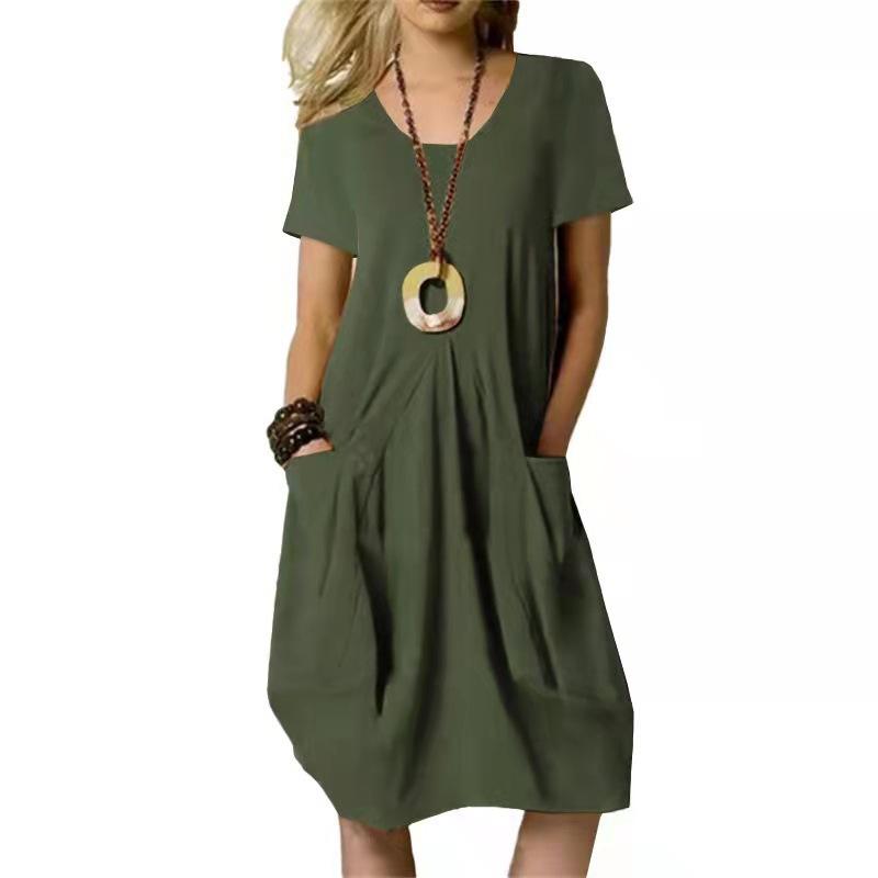 Women's V Neck Short Sleeve Linen Midi Dress Solid Color Pleated Front Side Pockets Loose Casual Summer Dress
