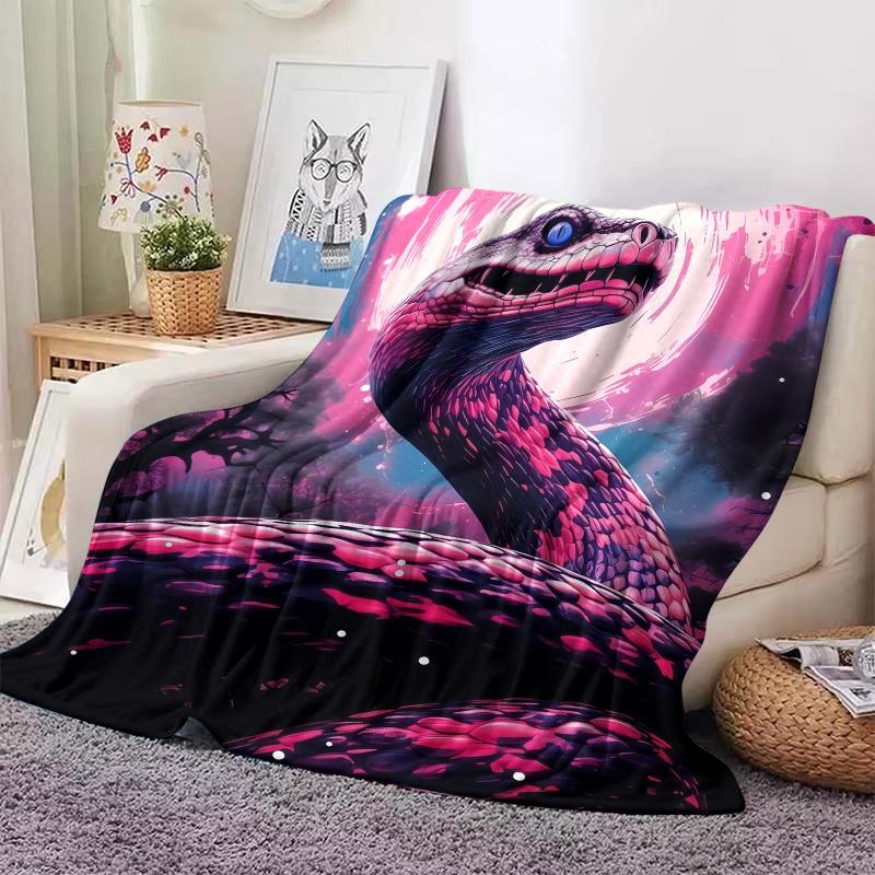 1Pc Gothic Snake Print Blanket - Deep Purple & Black Cobra Design With Pink & Blue Eyes, Soft Warm All-Season Indoor/ Throw For
