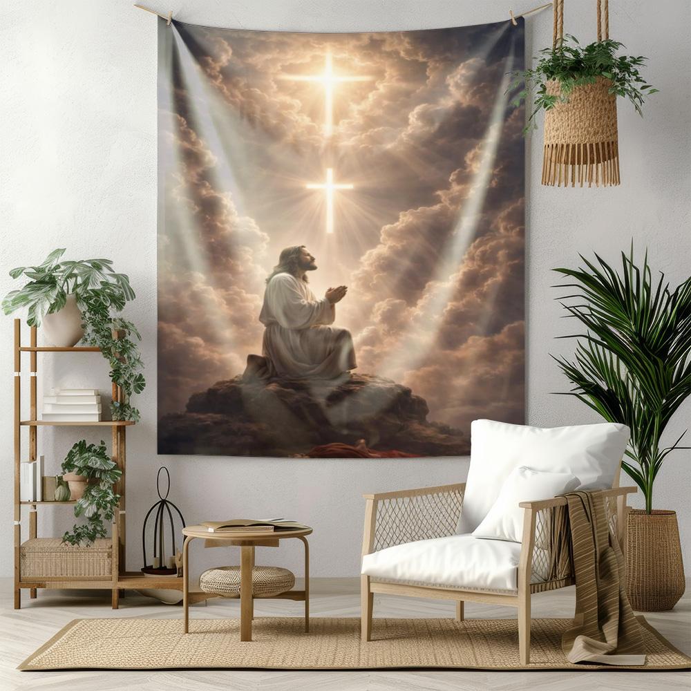 

Jesus Kneeling on Rock with Cross Light Cloud Sky Wall Tapestry Machine Washable All Season Decor Print Polyester Fabric 74x94cm(29x37in)