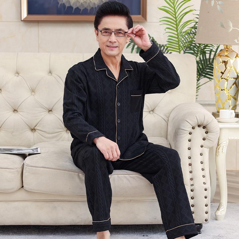 Men's Plus Size Cotton Pajama Set - Long-Sleeved, Ideal for Middle-Aged & Elderly, Spring to Winter Wear