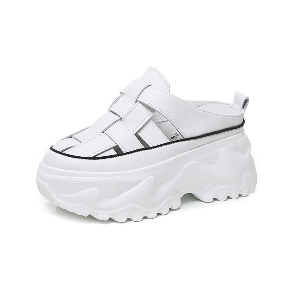 Sandálias de Plataforma Sapatos Femininos Chinelos com Aumento de Altura Interna Verão Feminino para Exterior Novo Sandálias Respiráveis de Couro de Vaca com Bico