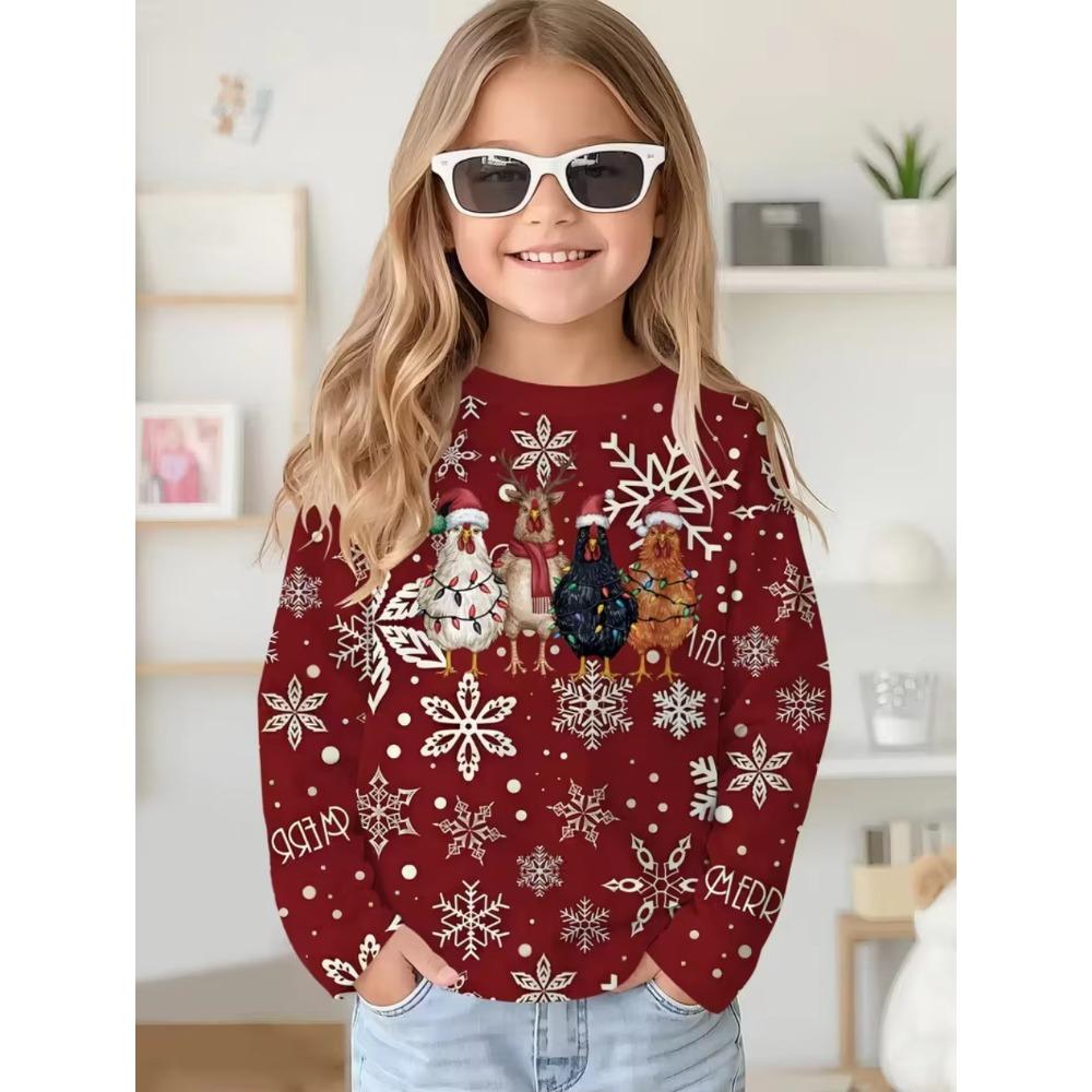 Christmas Santa Claus Print Girl Clothes Autumn Children Top Round Neck Long Sleeve Fashionable Comfortable Breathable Versatile Sports T-shirt