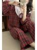 Women's Red Plaid Lace Trim Pajama Set - Long Sleeve & Pants