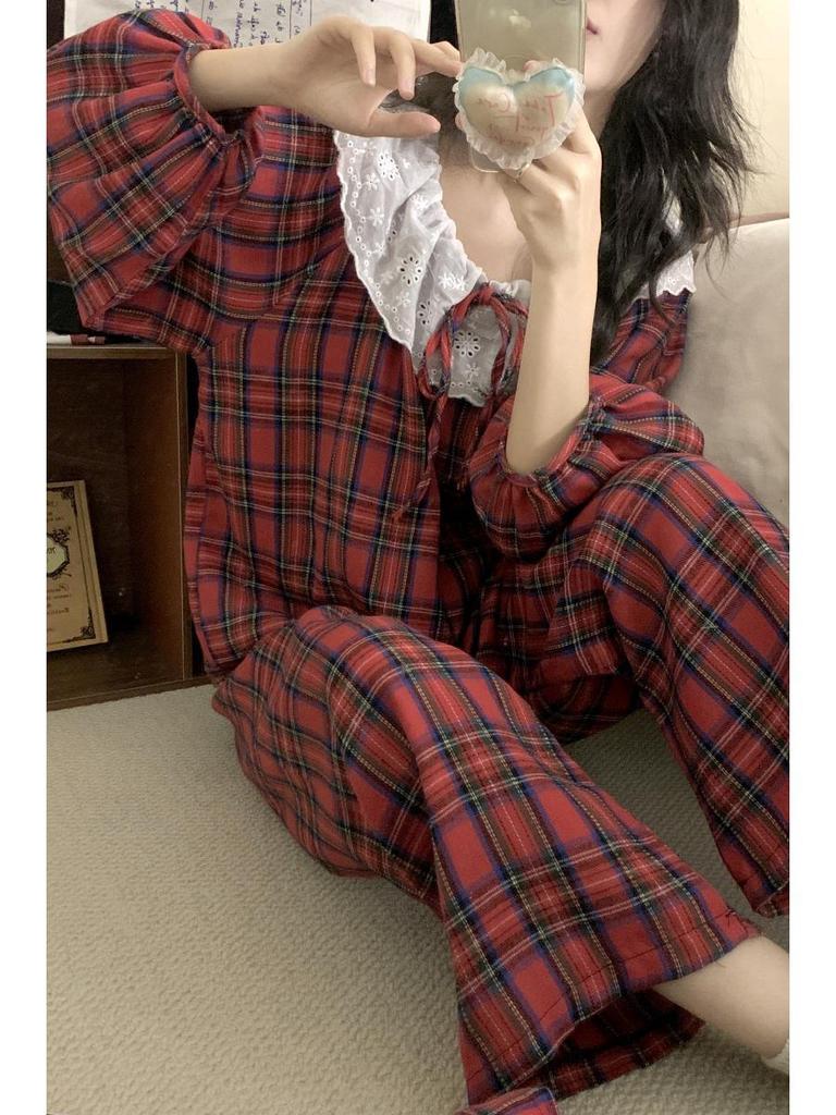 Women's Red Plaid Lace Trim Pajama Set - Long Sleeve & Pants