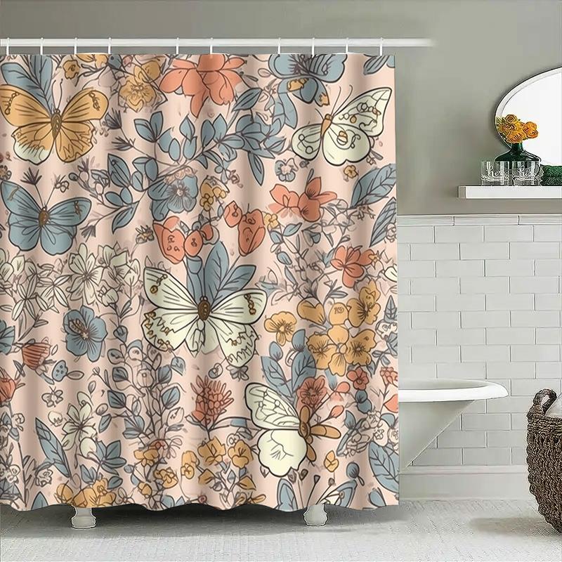 Beautiful Butterfly Floral Shower Curtain Bath Decor Pink Color