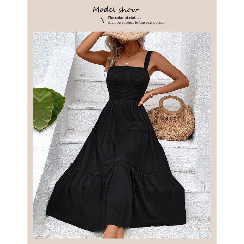 Women's Casual Vacation Versatile Solid Color Suspender Square Collar Summer Waist-hugging Dress