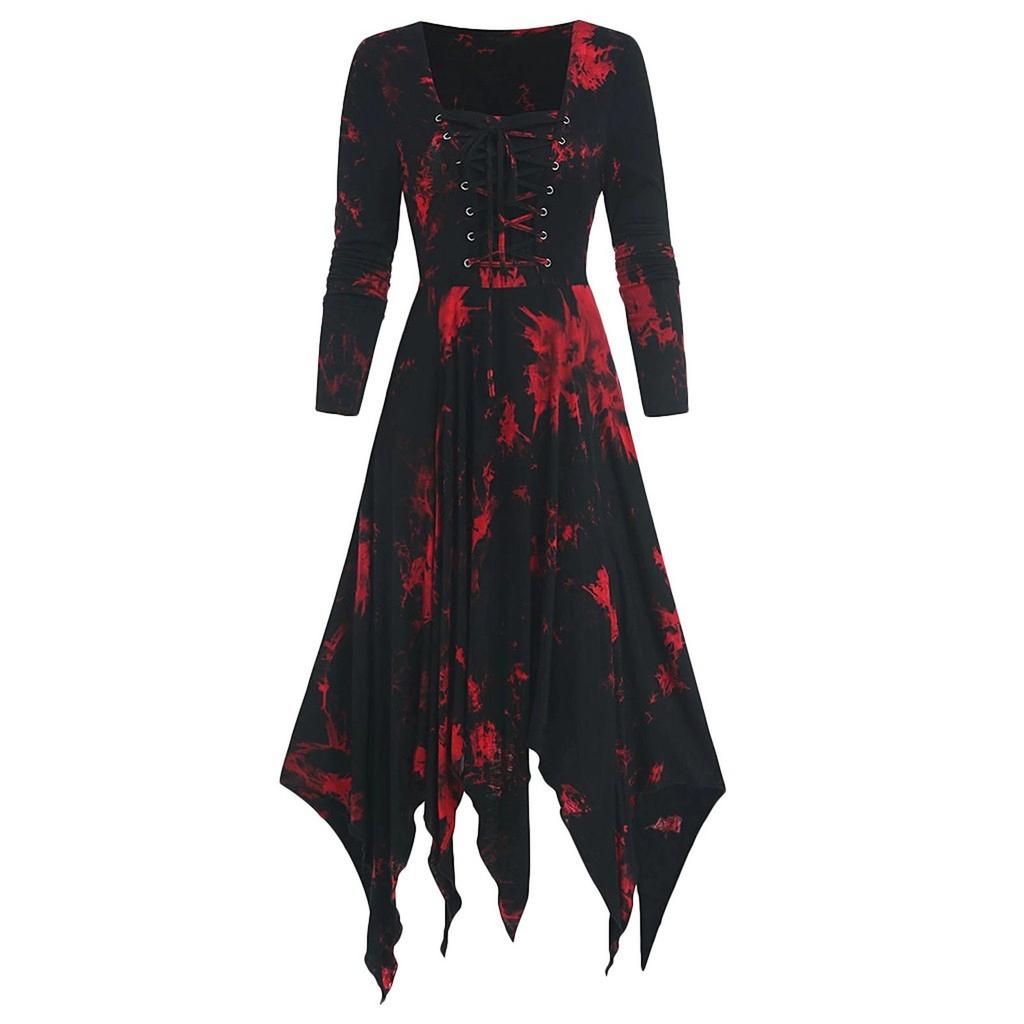 Women's Gothic Long Sleeve Lace Up Dress, Irregular Hem Medieval Witch Costume, Black Halloween Party Outfit