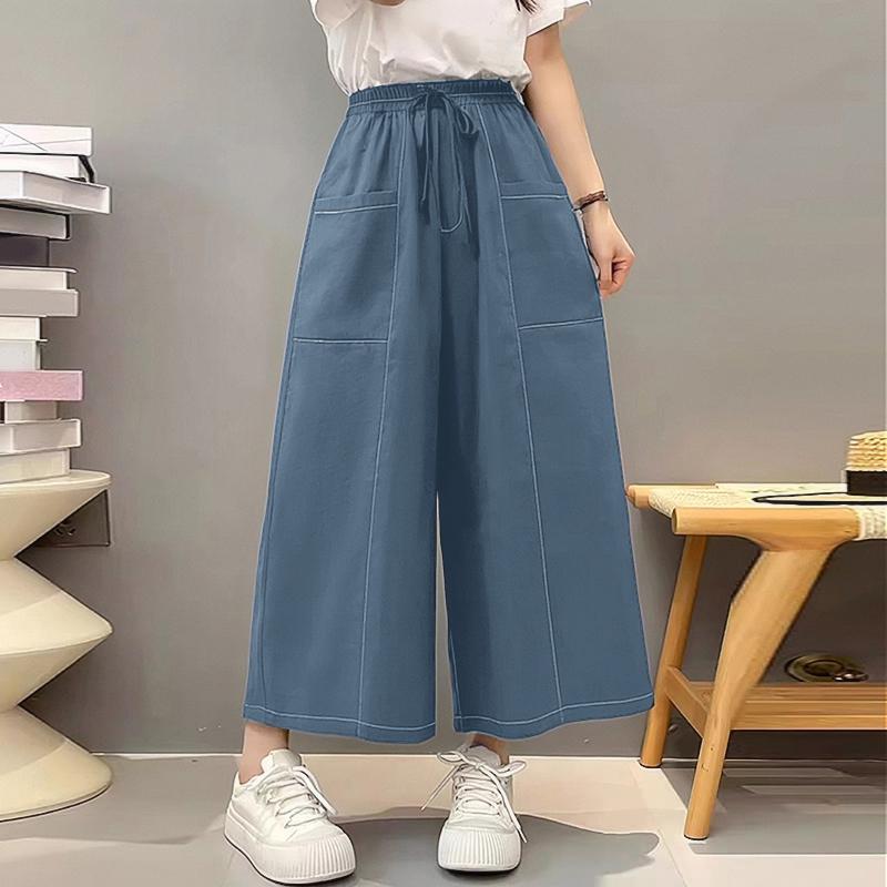 

ZANZEA Жіночі повсякденні однотонні вільні укорочені штани з еластичною талією S синій