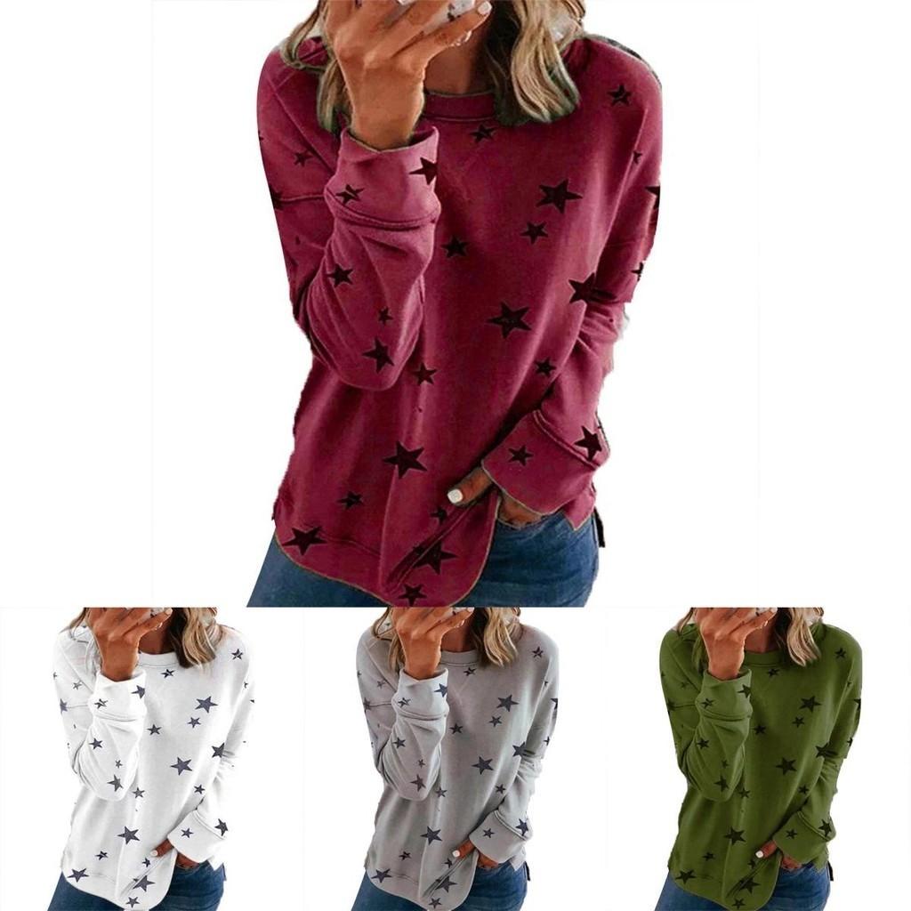 Damen Lässige Tunika Rundhalsausschnitt Langarm Sternenprint T-Shirt Top Bluse Für Täglichen Komfort Und Stil