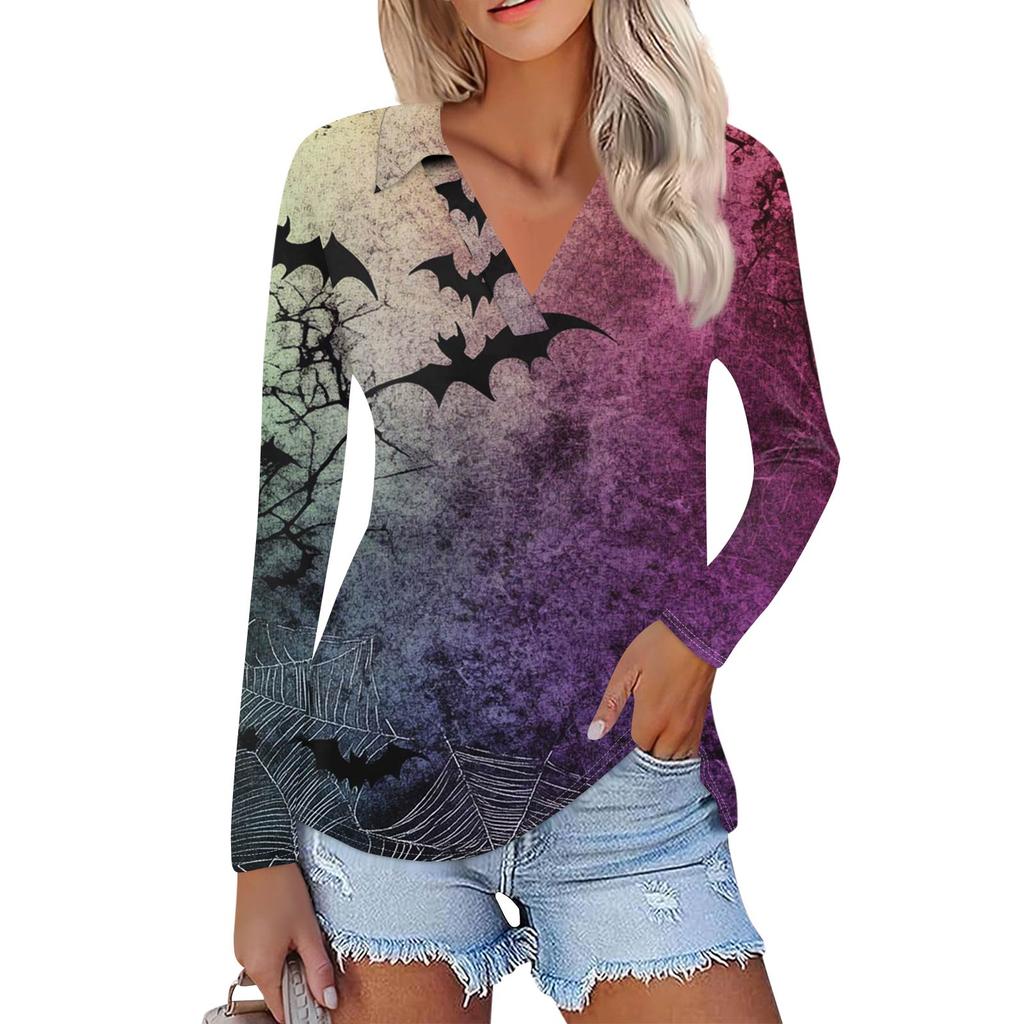 Dámská letní móda ležérní košile s potištěným výstřihem do V s dlouhým rukávem