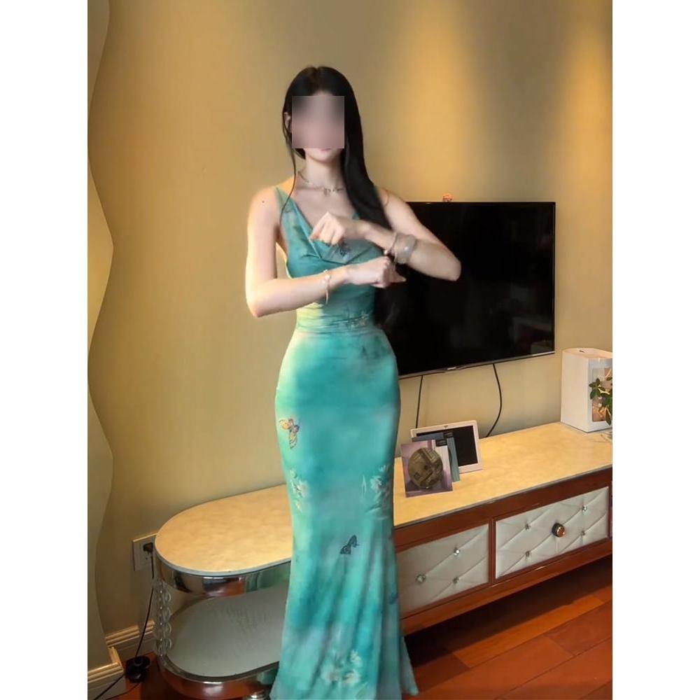 Pure desire wind butterfly printing mesh dress women's hot summer temperament swing collar waist slim sleeveless hip wrap long skirt