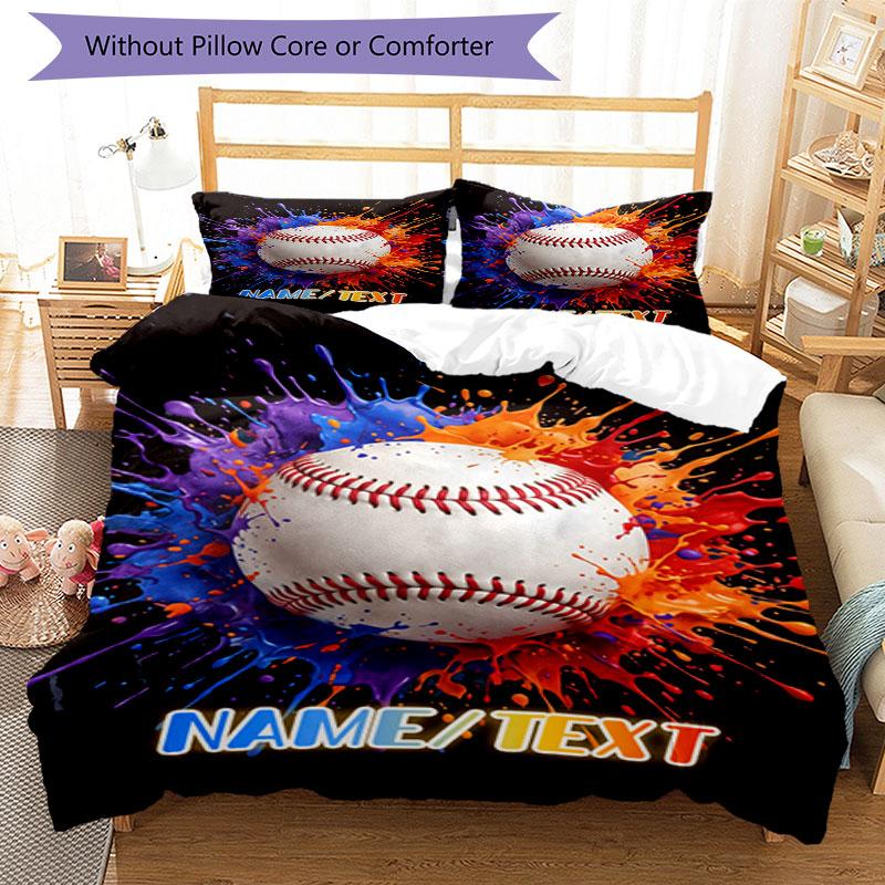 3PC Custom Name Baseball Splash Artwork Bedding Set Printed Bedding Set Duvet Cover Closure Includes 1 Duvet Cover & 70 Pillowcases for Bedroom